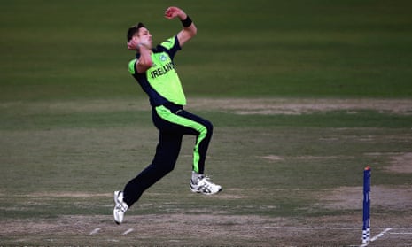 Boyd Rankin bowling against Zimbabwe during the Twenty20 World Cup warm-up match in Dharamsala, India.