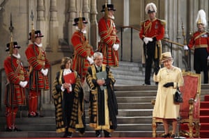 The Queen waves after making an address in Westminster Hall, in London, in 2012. She is pictured next to the Speaker of the House of Lords, Baroness D’Souza and John Bercow