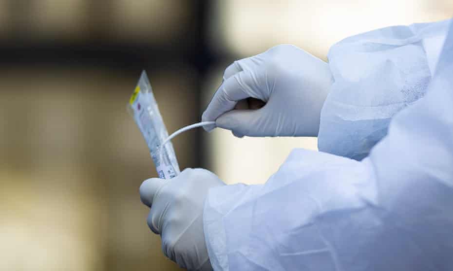 A medical biologist handles a swab to test a patient for coronavirus