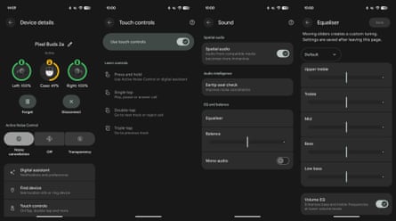 Screenshots from the Pixel Buds Android app.