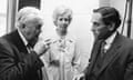 Prime Minister Harold Wilson and his secretary, Lady Falkender, with Jeremy Thorpe at the Savoy Hotel in 1975.