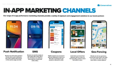 image from presentation document showing phone screens suggesting in-app marketing channels with brand partners, using push notification, SMS, coupons, local offers and geo-fencing 