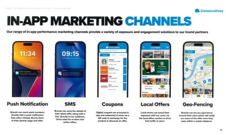 image from presentation document showing phone screens suggesting in-app marketing channels with brand partners, using push notification, SMS, coupons, local offers and geo-fencing