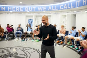 Manchester City manager Pep Guardiola in the team’s changing room.
