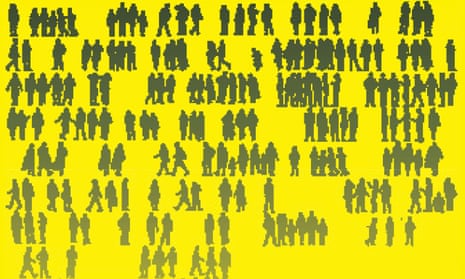 a graphic of silhouettes of people standing in small groups