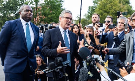 Keir Starmer, with David Lammy, speaks to the media outside the West Wing of the White House after meeting Joe Biden.