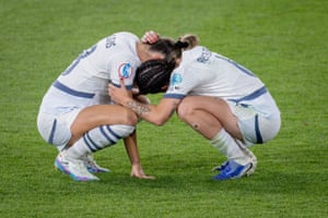 Switzerland’s Viola Calligaris and Géraldine Reuteler clasp aft their quarter-final defeat