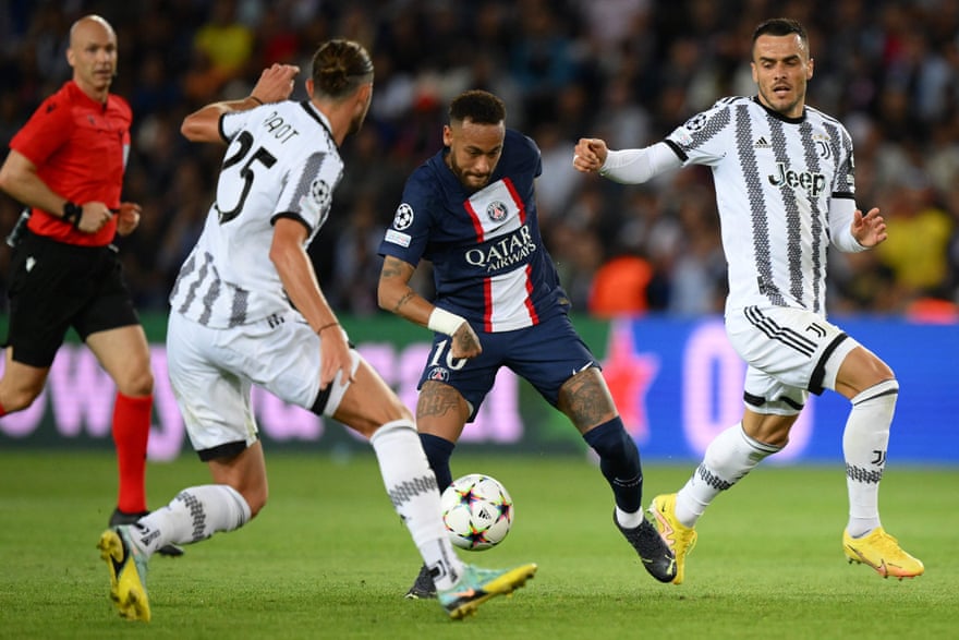 Brilliant but brittle PSG look better placed to scale Europe’s summit | Paris Saint-Germain 2 Neymar tries to squeeze a way past Juventus’s Adrien Rabiot and Filip Kostic.