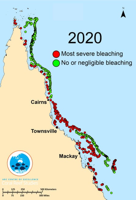 2020 GBR Coral bleaching map of the Great Barrier Reef. Australia.