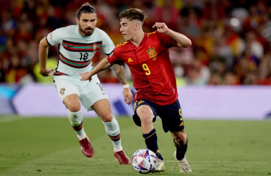 Gavi in action for Spain against Portugal in Seville this month.