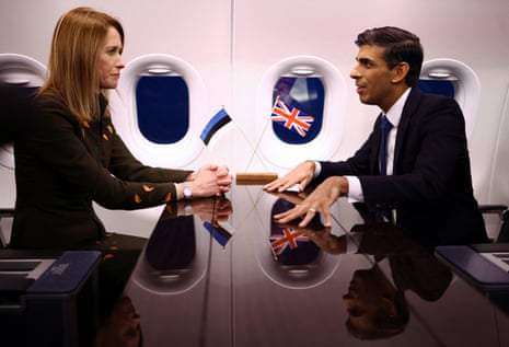Rishi Sunak holding a meeting with the Estonian prime minister, Kaja Kallas. They spoke as they took a flight from the JEF meeting in Latvia to Tallinn, Estonia.