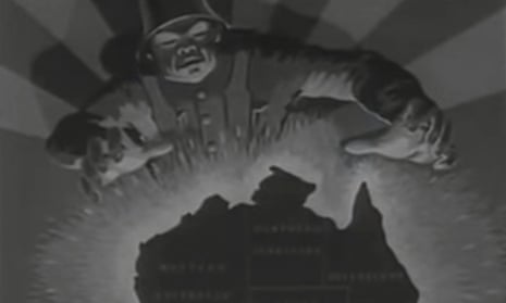 The opening shot of The Overlanders is a propaganda poster depicting a Japanese solider with his hands reaching towards a map of Australia.
