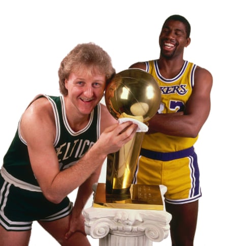 Larry Bird of the Boston Celtics and Magic Johnson of the Los Angeles Lakers during the 1984 NBA Finals at the Forum in Los Angeles.