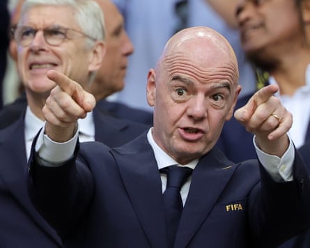 Fifa president Gianni Infantino gestures as he attends the match between Scotland and Brazil