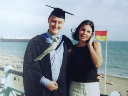 Falconio in a graduation gown with Lees at a beach