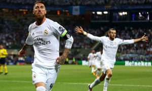 Sergio Ramos celebrates opening the scoring for Real Madrid against city rivals Atlético at San Siro