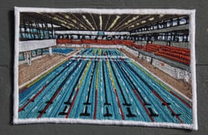 The interior of the Royal Commonwealth Pool created  in embroidery by designer Lauras Lees.