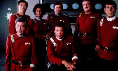 Star Trek II: The Wrath Of Khan cast, left to right:  Deforest Kelley, George Takei, Nichelle Nichols, Walter Koenig, William Shatner, James Doohan, Leonard Nimoy Film and Television.