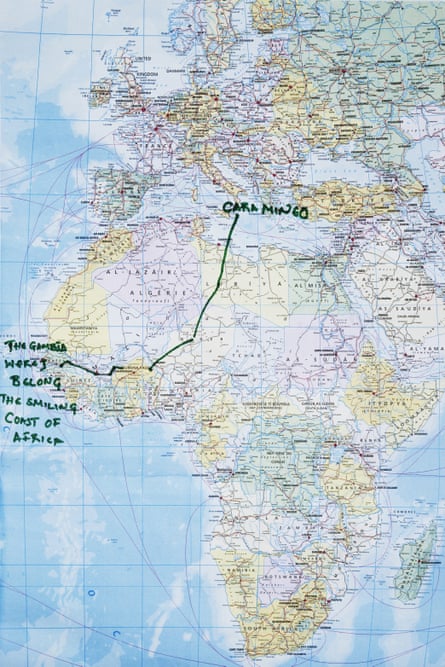 Migrants rescued by Red Cross durring crossing between Libya and Italy. Mineo, Italy. Musa’s route map from Gambia to Italy.