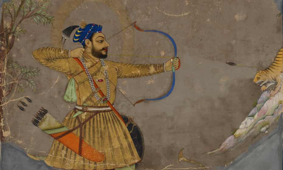 Painting with gold highlights of a sultan shooting a bow and arrow in profile