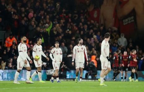 Liverpool’s Dominik Szoboszlai, Milos Kerkez and Virgil van Dijk look dejected after Alex Jimenez scored Bournemouth’s second goal.