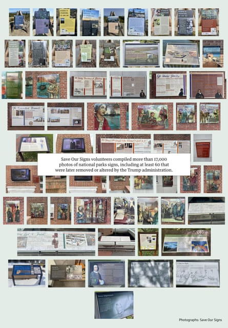 Grid of 60 signs compiled by Save Our Signs volunteers that were later removed or altered by the Trump administration. Guardian Design