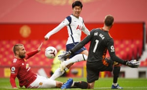 Son Heung-min scores Tottenham’s second goal in their 6-1 win at Manchester United