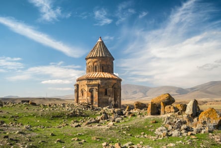 A church in the ruined city of Ani, Turkey on a blue-sky day.