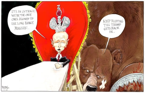 Cartoon of Vladimir Putin sitting on a throne, saying 'it's an outrage, we're the only ones allowed to use long range missiles'. Behind him a bear says 'keep bluffing till Trump gets back in'., panel 1