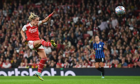 Arsenal’s Jordan Nobbs fires home the opening goal of the game.