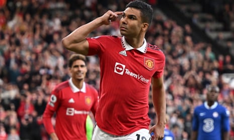 Casemiro celebrates after scoring Manchester United’s opening goal against Chelsea at Old Trafford on 25 May