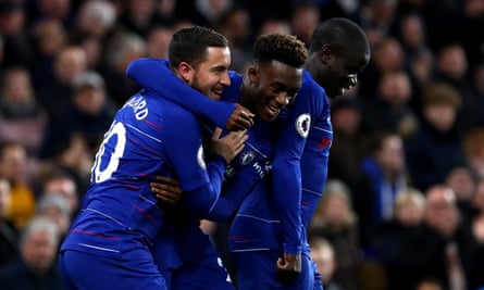 Eden Hazard celebrates scoring his side’s second goal with Callum Hudson-Odoi and N’golo Kanté.