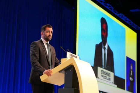 Humza Yousaf delivering his keynote speech to the SNP conference.