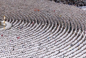 An aerial view of Muslims at morning prayers at the Grand Mosque in Mecca