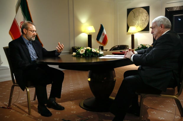 Iranian parliamentary speaker Ali Larijani gives an interview to Russian news agency TASS in Moscow on 20 April.