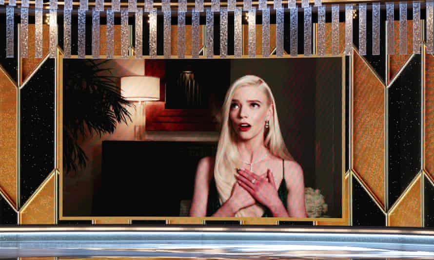 Anya Taylor-Joy reacts via video after winning a Golden Globe for The Queens Gambit.
