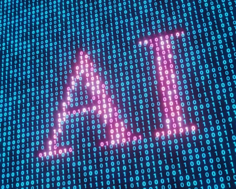 Glowing pink letters 'AI' emerge from a field of blue binary code numbers