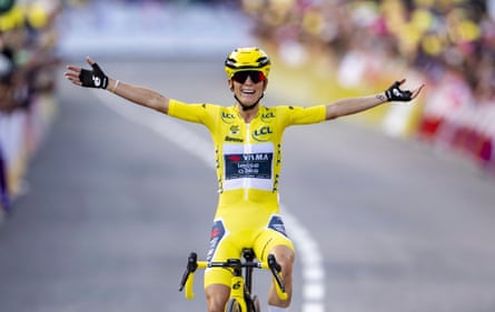 The winner of the Tour de France Femmes Pauline Ferrand-Prevot from France of team Visma - Lease a Bike celebrates as she crosses the finish line to win the 9th stage of the 4th edition of the Women's Tour de France cycling race