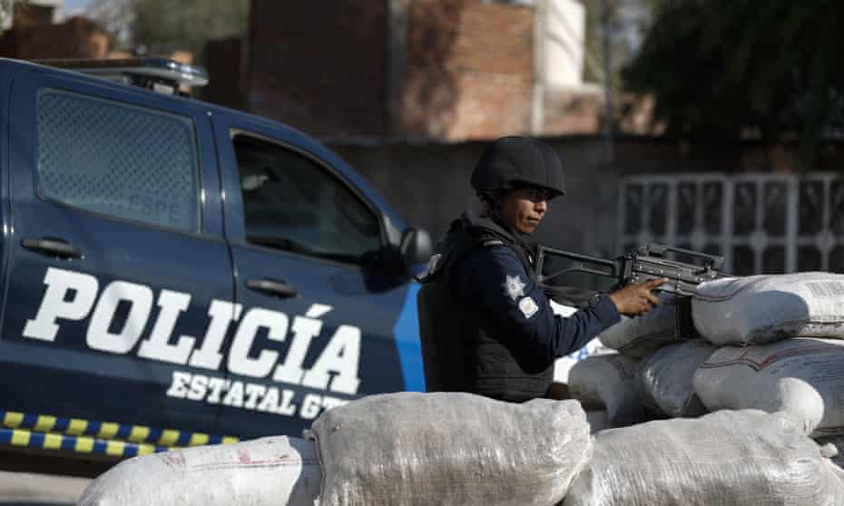 Local police in Guanajuato state, to the east of Jalisco. Mexico’s president, Amlo, faces mounting pressure to catch El Mencho.