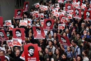 A protest in Istanbul against a Turkish court decision that sentenced philanthropist Osman Kavala to life in prison for trying to overthrow the government.