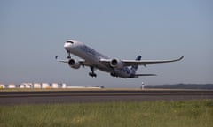 Airbus A350-1000 Departs Sydney Following Qantas Announcement Of Order For A350-1000 Aircraft To Operate Project Sunrise Flights<br>SYDNEY, AUSTRALIA - MAY 04: An Airbus A350-1000 flight test aircraft departs Sydney Airport on May 04, 2022 in Sydney, Australia. Qantas announced a major fleet decision this week, with twelve Airbus A350-1000s to be ordered to operate non-stop "Project Sunrise" flights from Australia's east coast to New York, London and other key destinations. The aircraft will feature market-leading passenger comfort in each travel class with services to start by the end of 2025. (Photo by James D. Morgan/Getty Images for Airbus/Qantas)