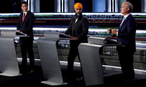 From left: the Liberal leader, Justin Trudeau; the NDP leader, Jagmeet Singh; and the Conservative leader, Erin O’Toole.