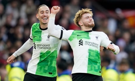 Harvey Elliott (right) celebrates putting Liverpool ahead in extra time