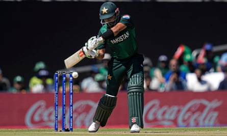 Pakistan's captain Babar Azam plays a shot during the T20 World Cup match against the United States