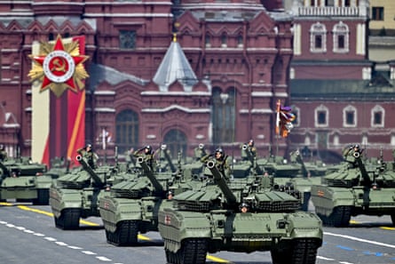 Military vehicles and soldiers parading through Red Square during last year’s event.