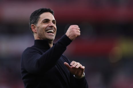 Mikel Arteta celebrates Arsenal’s win over Fulham at the Emirates Stadium.