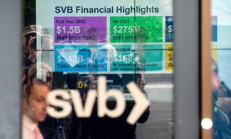 SVB logo in front of screen with financial figures