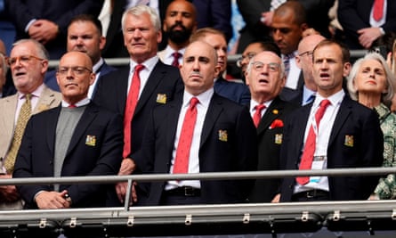 Omar Berrada between Sir Dave Brailsford and Dan Ashworth during the Community Shield at Wembley in August
