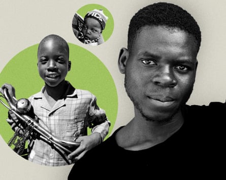 A picture of a young African man with two images of him as a child