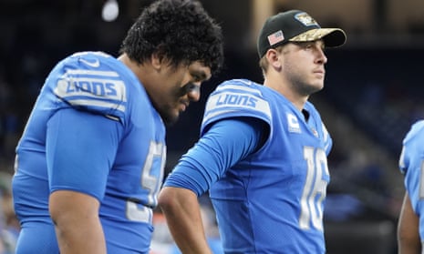 Penei Sewell and Jared Goff contemplate yet another loss for the Lions